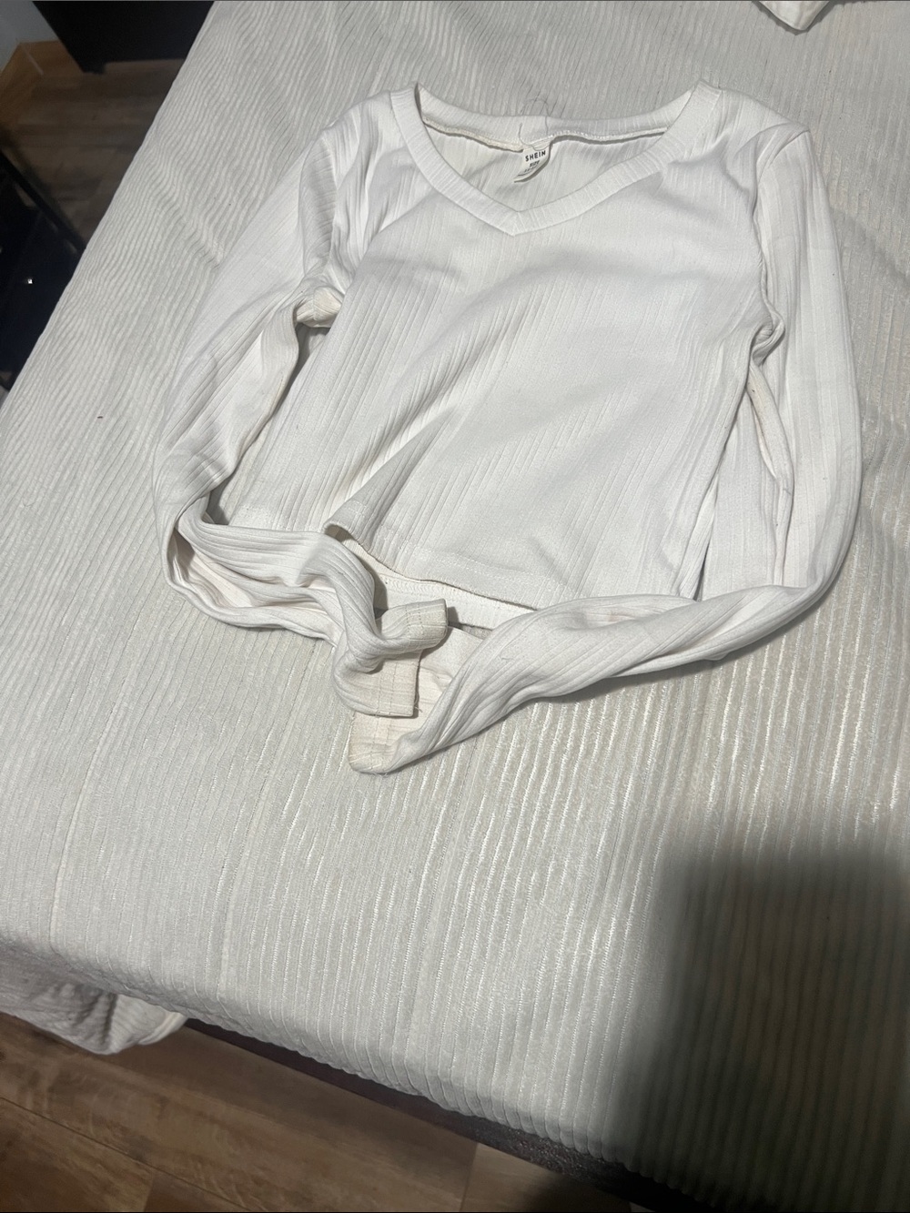 SHEIN White Ribbed V-Neck Long Sleeve Top